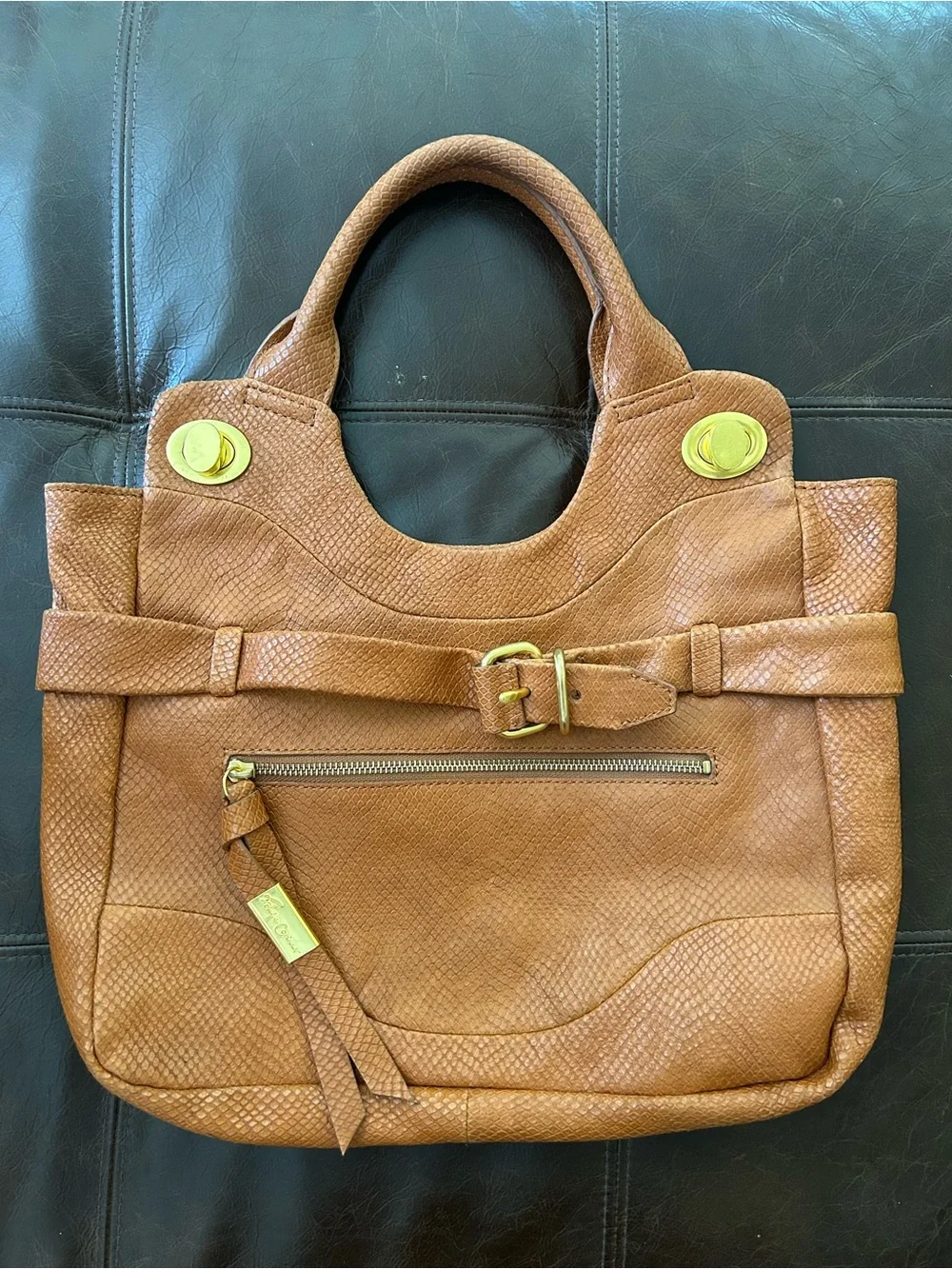 Foley + Corinna Brown Snake Embossed Large Tote Handbag Y2K Gold Hardware